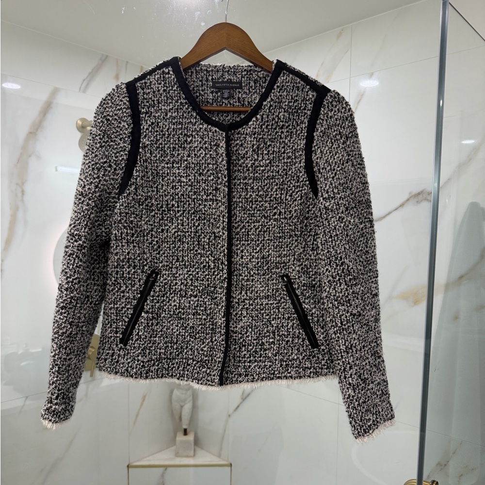 Saks Fifth Avenue Bouclé Tweed Jacket Zip Pockets Black White Size 8